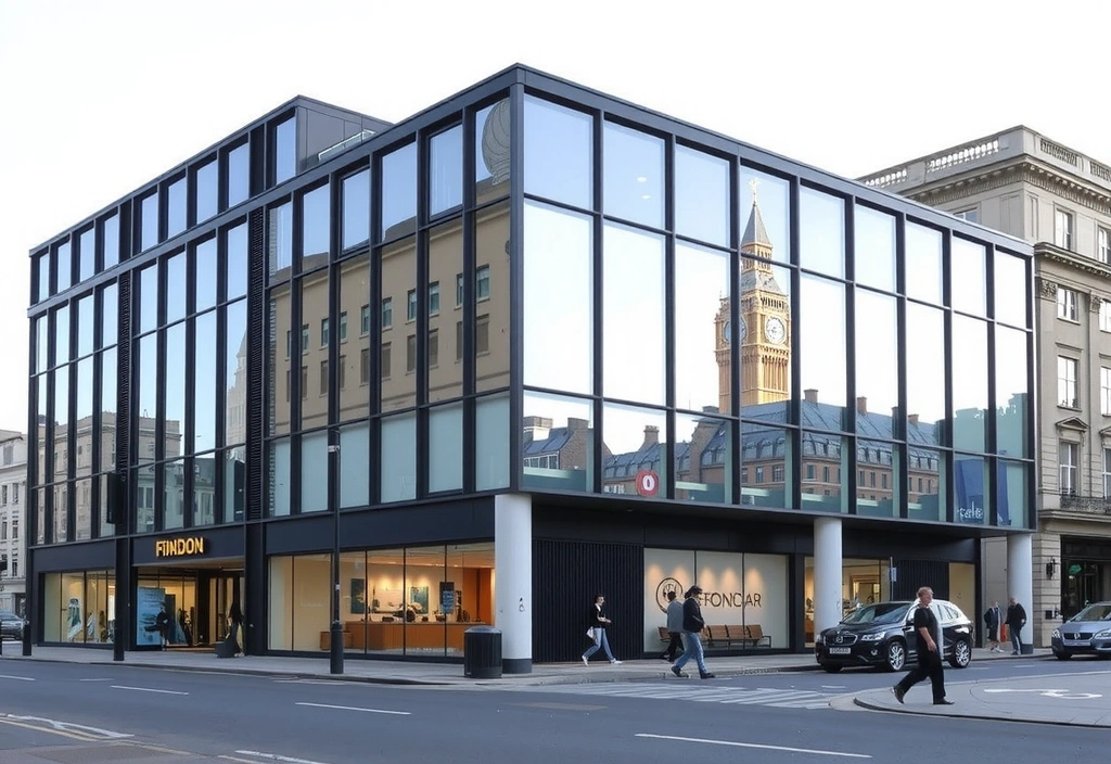 Modern office building in London financial district with glass facade